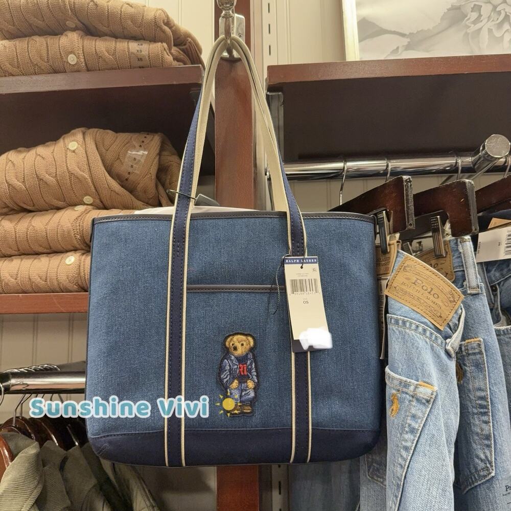 NWT POLO Ralph Lauren Small Polo Bear Canvas Tote Bag Denim blue